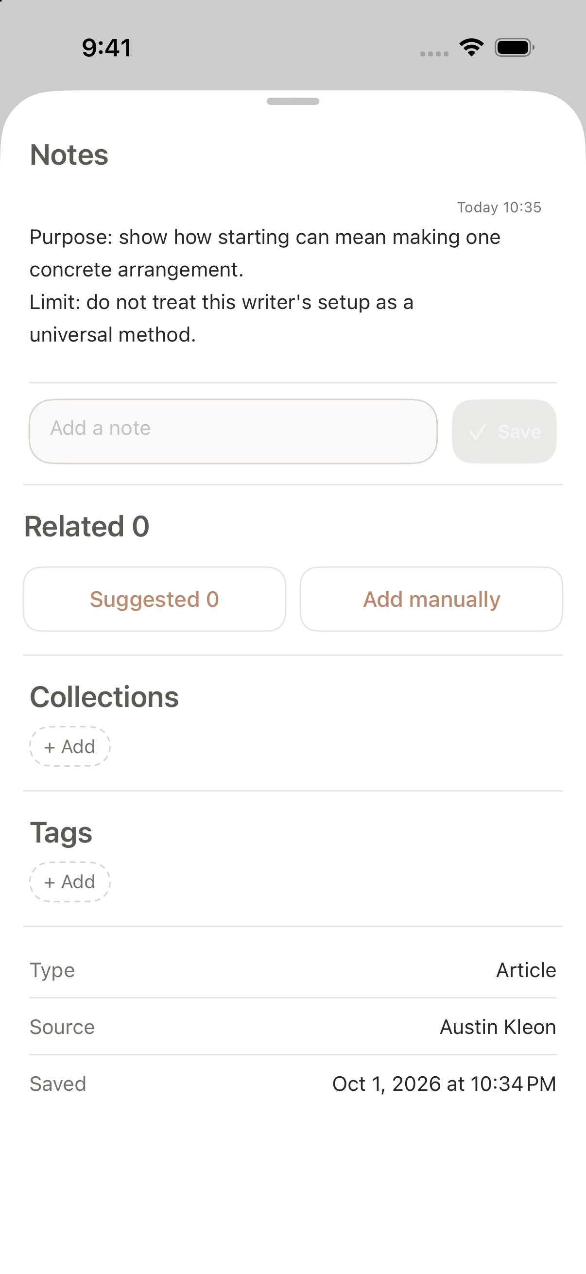 Aside's expanded notes area contains the source's purpose and the limit of its claim.