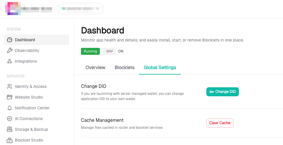 Blocklet Server 控制台中某个应用的 Global Settings 标签页,顶部是 Change DID 操作。