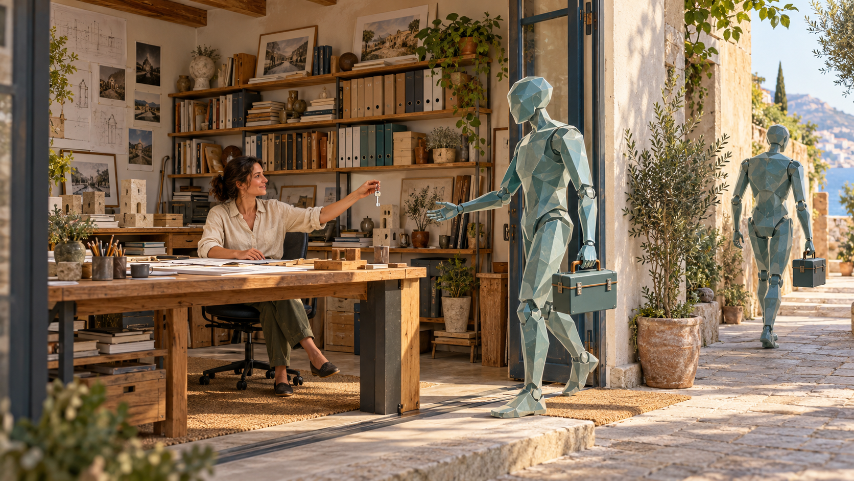 An owner works inside a lasting studio while different agent collaborators arrive with tools; files and finished work remain inside