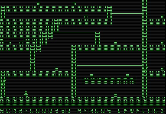 A green monochrome Lode Runner level, with brick platforms, ladders, horizontal bars and the score display.