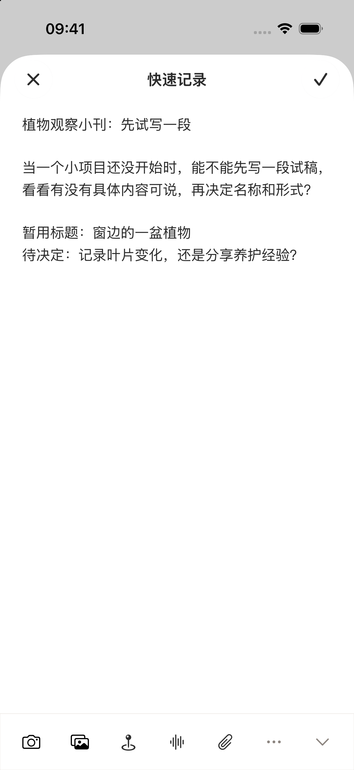 Aside 快速记录中输入了植物观察小刊的试稿问题、暂用标题和待决定的方向。