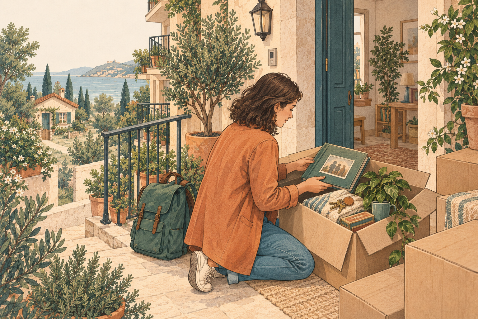 A person unpacks a photo album and familiar belongings at a new home, keeping their own keys.