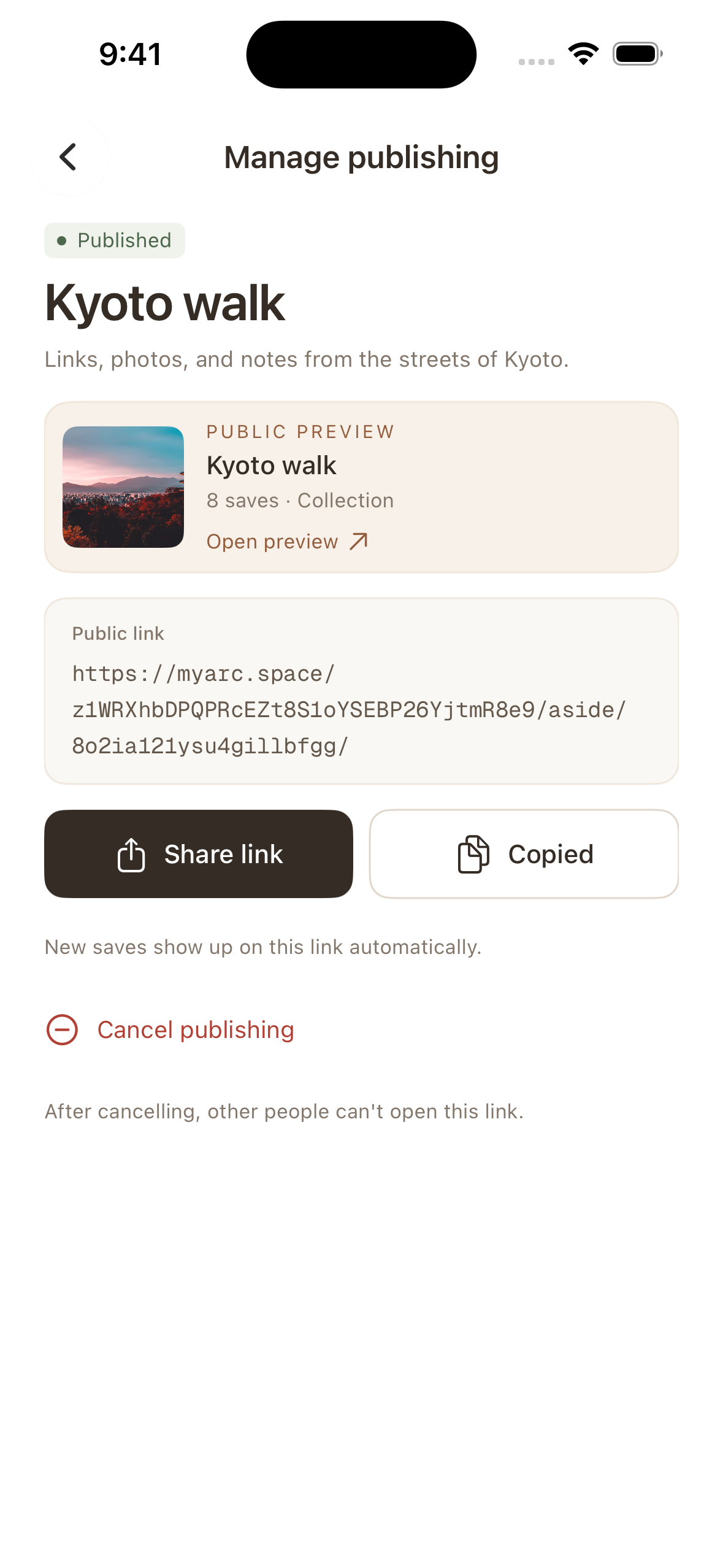 Kyoto walk publishing management shows Published, 8 saves, a public link, and sharing actions.