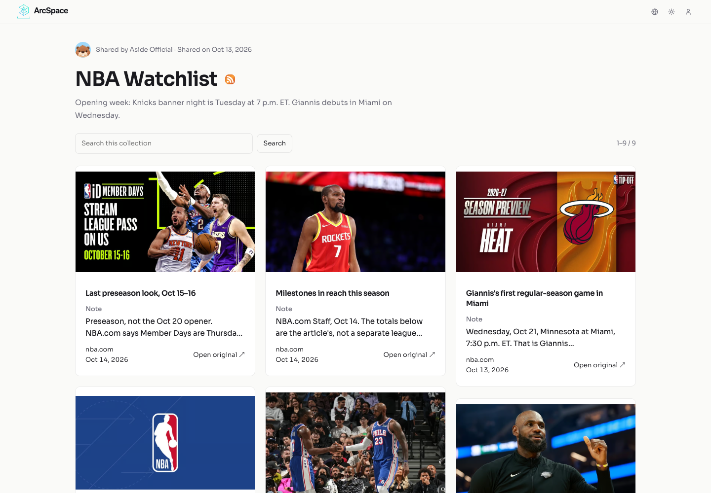 The NBA Watchlist collection in a browser, with an introductory text entry and selected NBA.com sources.