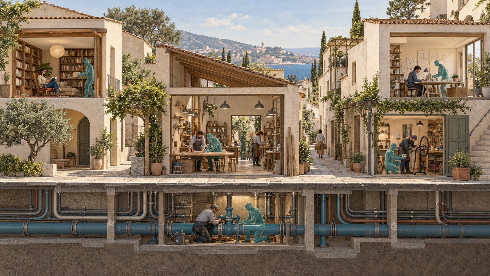 People and agents maintain shared pipes below a street while homes and workshops above serve different purposes