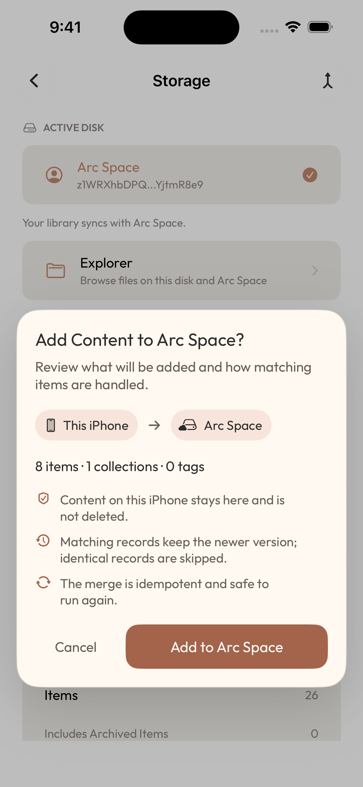 The Add to Arc Space confirmation shows 8 items, 1 collection, 0 tags, and the local-content retention notice.