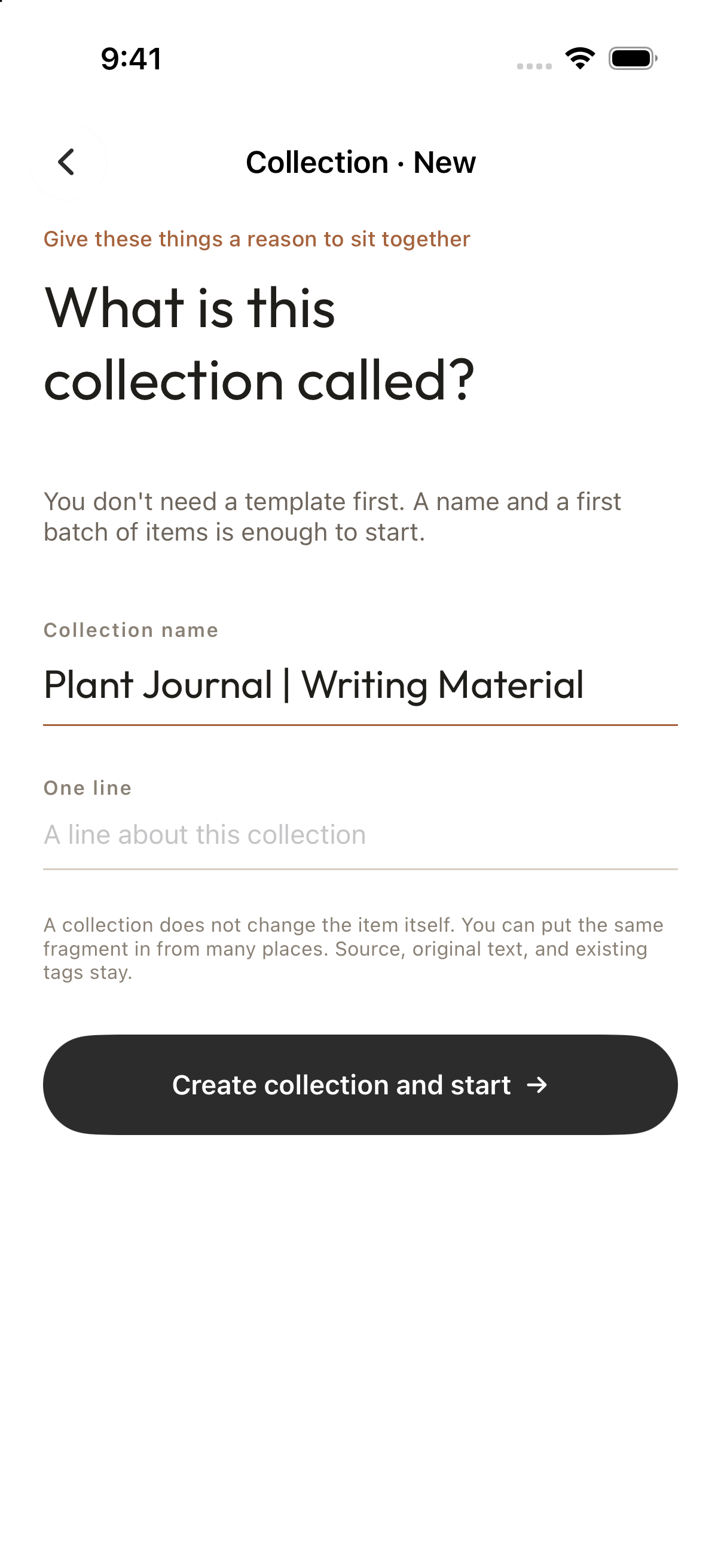 Name the new collection Plant Journal | Writing Material, then create it.