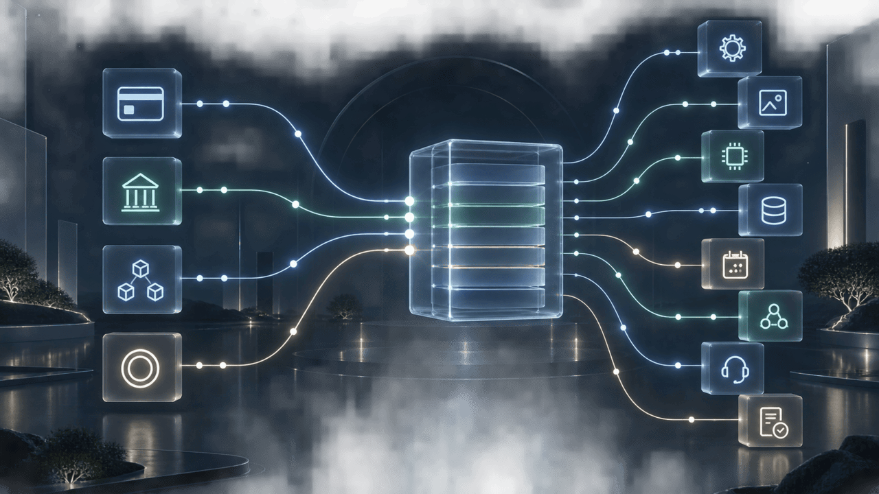 Different payment inputs feed one application ledger that tracks service delivery and reconciliation.