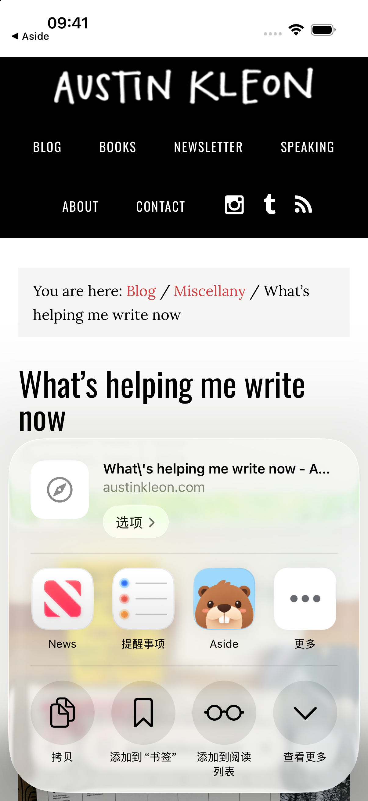 在 Safari 的系统分享菜单中选择 Aside。