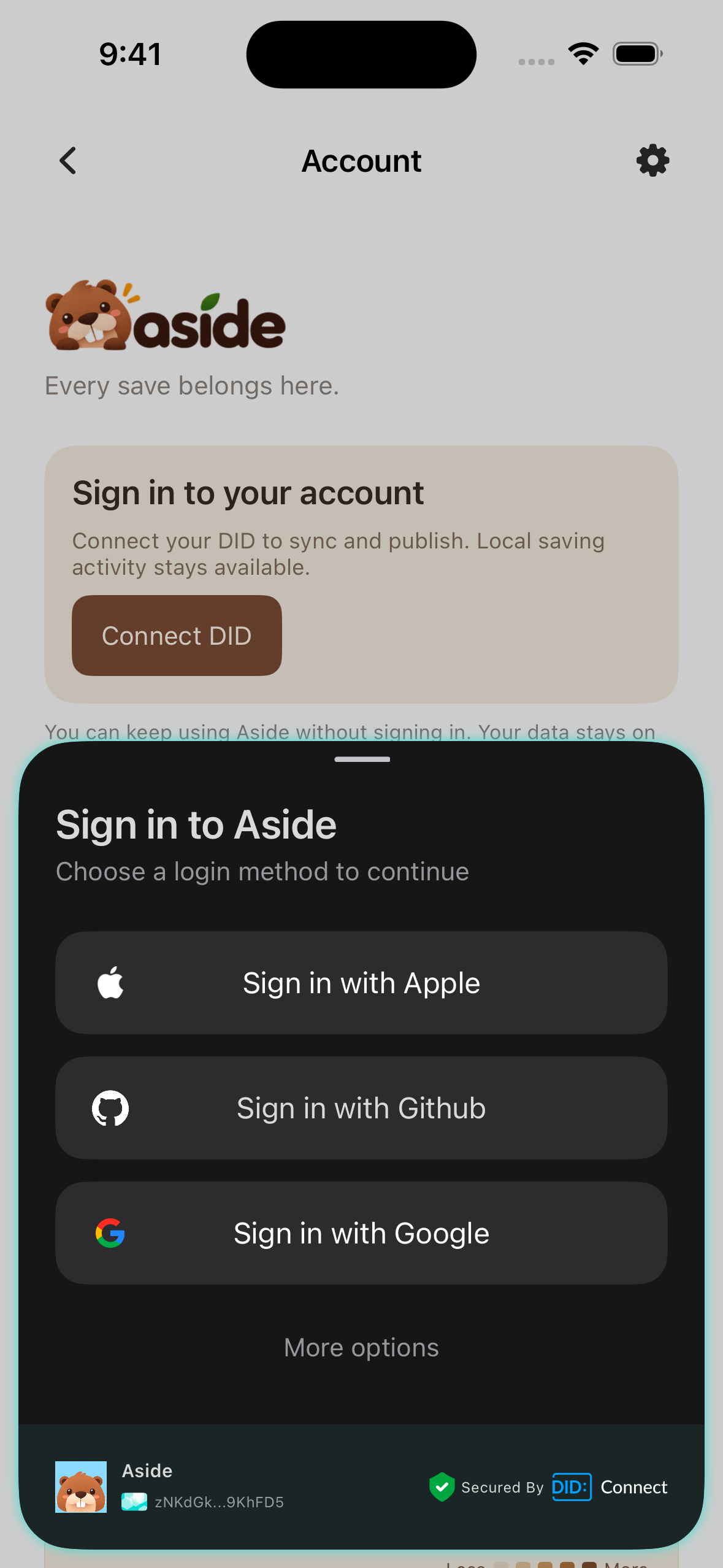 The Aside sign-in panel offers Apple, GitHub, Google, and More options.