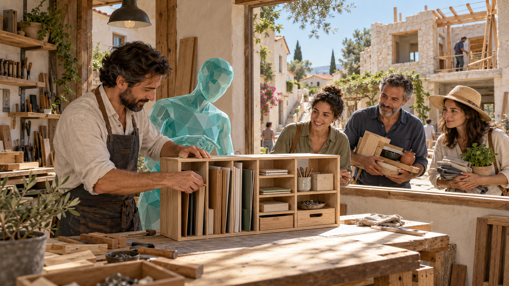 Inside a small workshop, an owner and an agent improve a useful tool while a few neighbors arrive with similar tasks