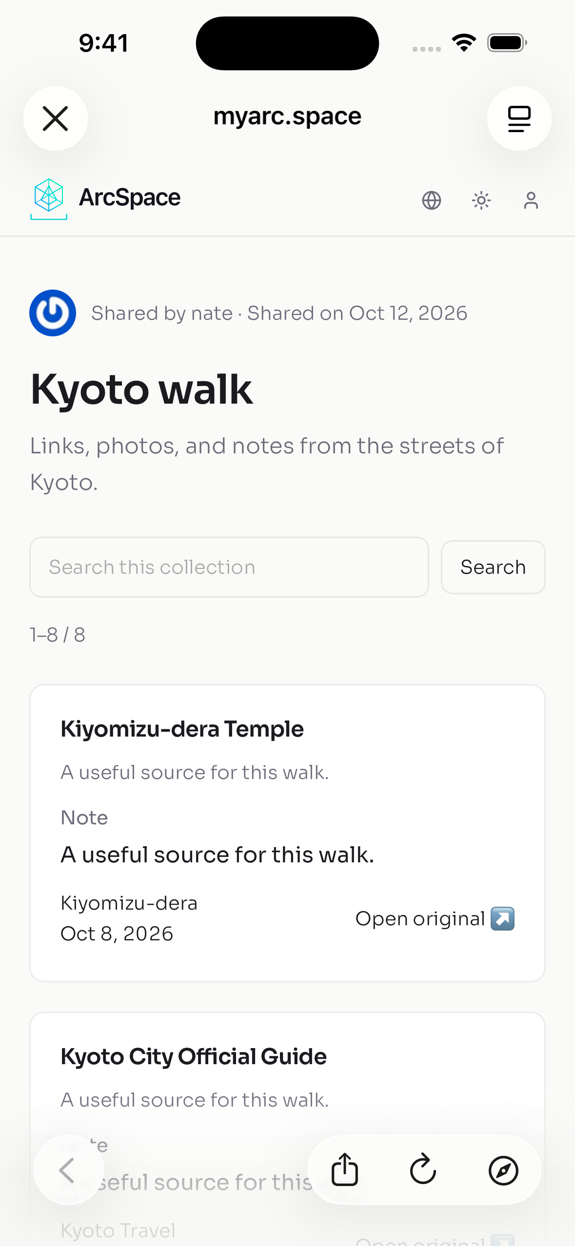 iOS Safari opens the Kyoto walk public collection on myarc.space, showing 8 demo items.