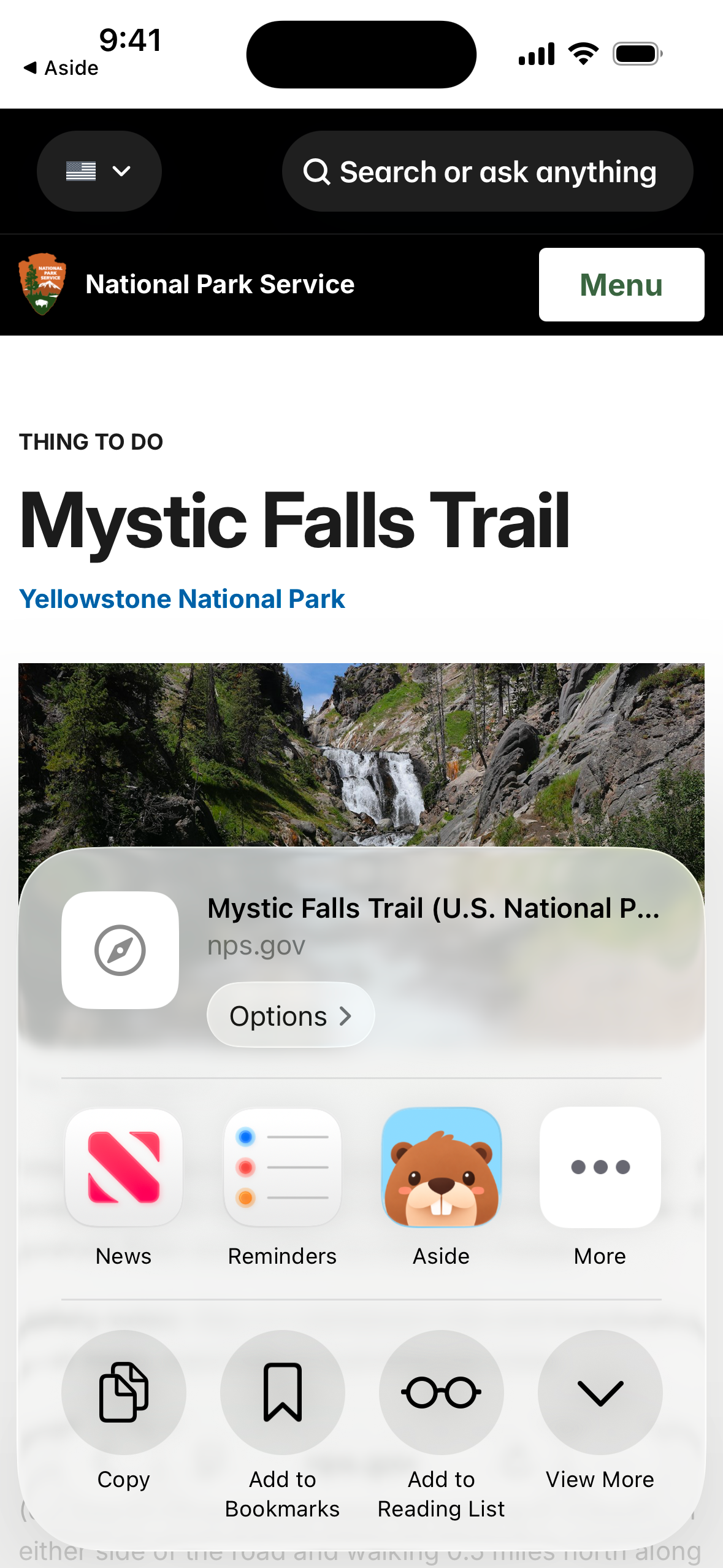 The iOS share sheet offers Aside for the Mystic Falls Trail webpage.